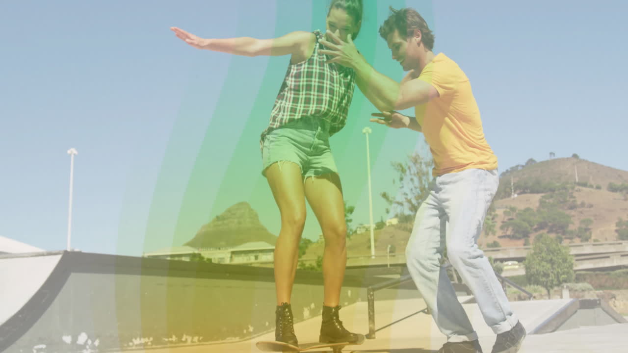 woman balancing on skateboard while man holding arms, showing animated sports data and speed lines