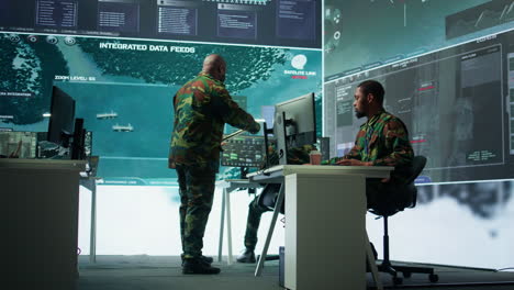 skilled team of military specialists operate advanced technology and big screen