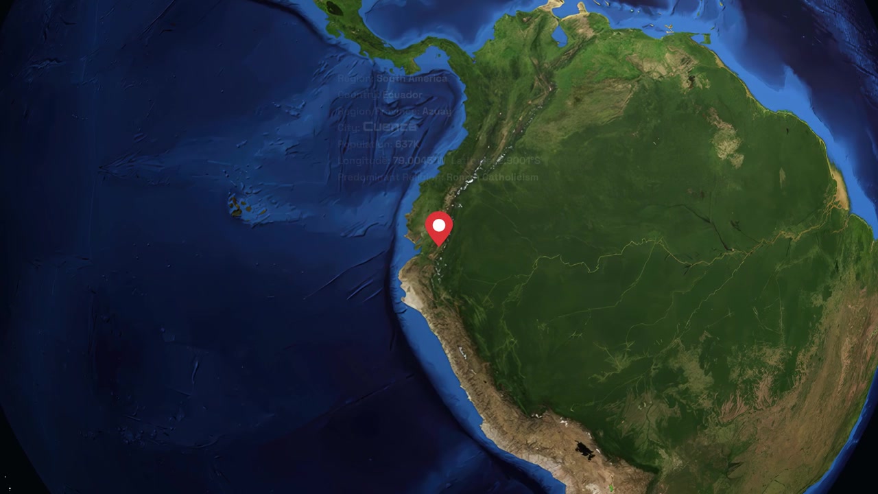Terra che ruota e ingrandisce per individuare Cuenca, Ecuador, con informazioni sulla città