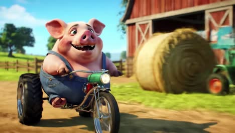 animated pig on a tricycle: a joyful adventure through the countryside captured in colorful frames, showcasing playfulness and serene farm life