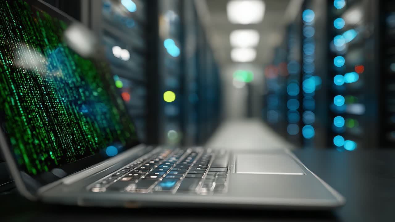 Exploring Data Secrets: A Close-Up View of a Laptop Displaying Code in a Server Room Filled with Blinking Lights and Network Equipment