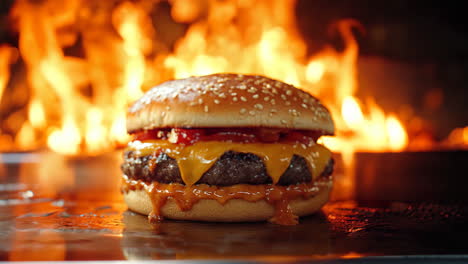a burger with melted cheese on top of it. the burger is sitting on a table with a fire in the background
