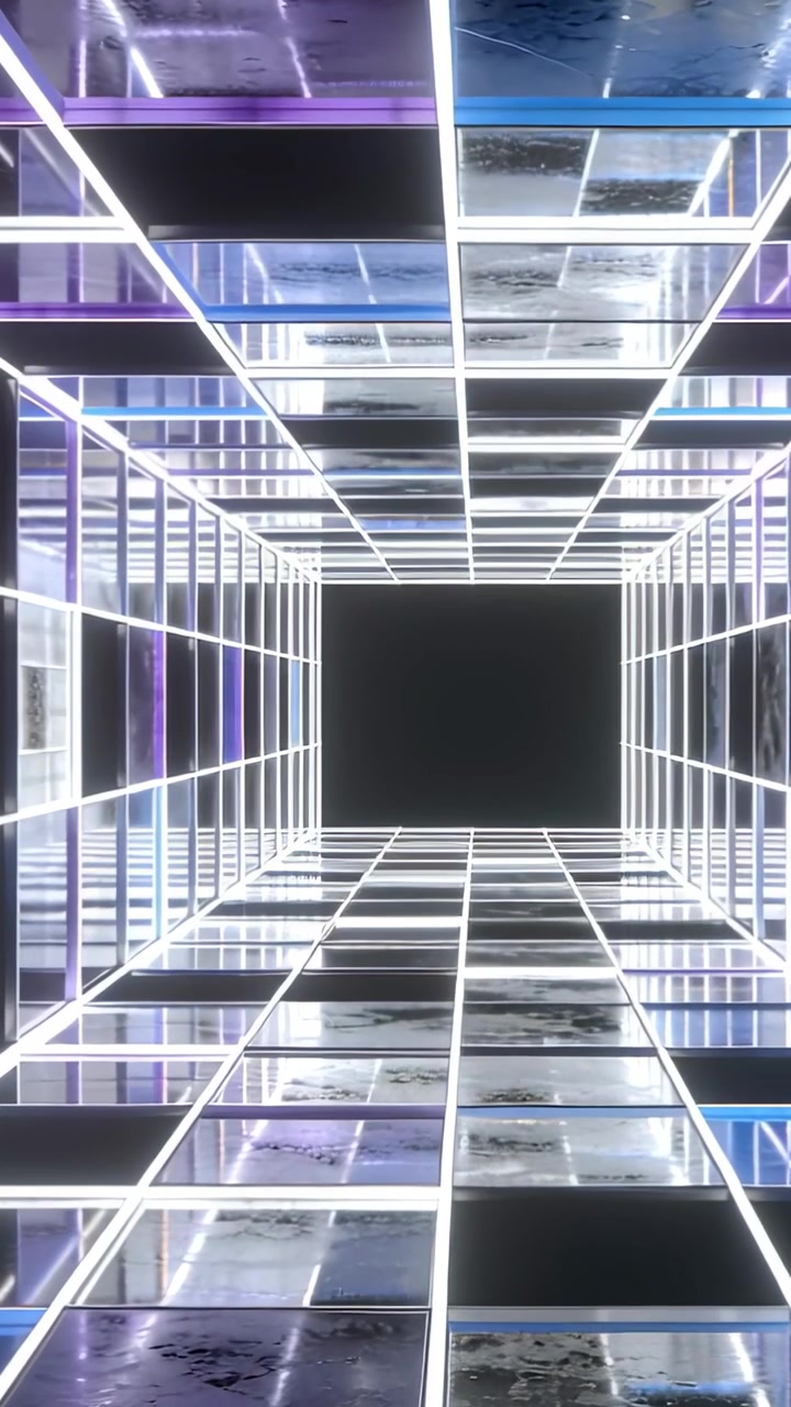 Vertical video: Moving camera through LED grid tunnel at gallery toward black void, panels shining