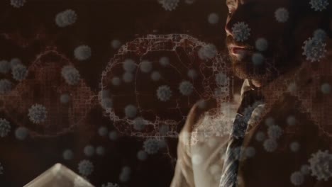 Animation-Von-Virusinfizierten-Zellen-Und-Menschlichem-Gehirn-über-Einem-Kaukasischen-Geschäftsmann,-Der-Einen-Stapel-Akten-Hält
