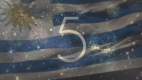 animation of flag of uruguay waving over countdown and fireworks