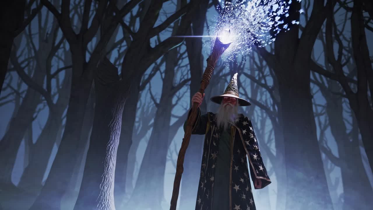 A mystical wizard in a starry robe holds a glowing staff in a dark forest