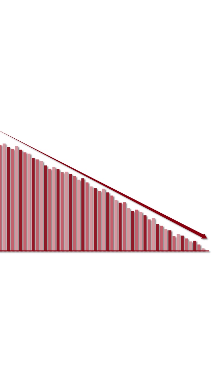 Red bar chart animation with downward arrow, illustrating continuous financial decrease on white background