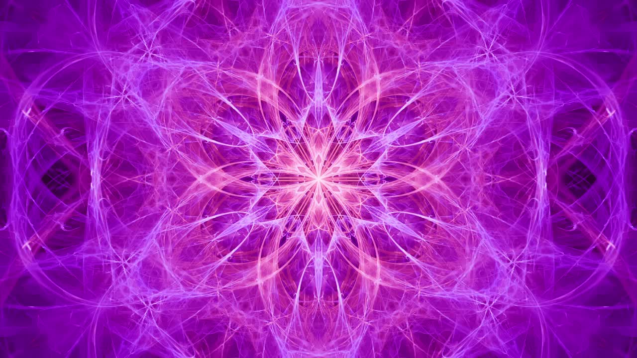 flor de mandala púrpura, estallidos de energía pulsante de pétalos de llama fractal, bucle sin costuras