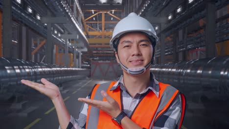 close up of asian male engineer with safety helmet smiling and pointing to side while standing with metal pipes