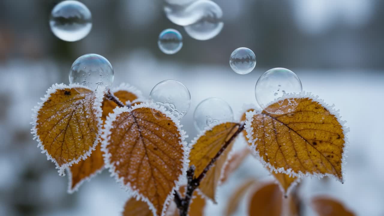 Captivating Winter Scene: Frost-Edged Leaves with Bubbles in a Snowy Landscape, Showcasing Nature's Intricate Beauty in a Serene Environment