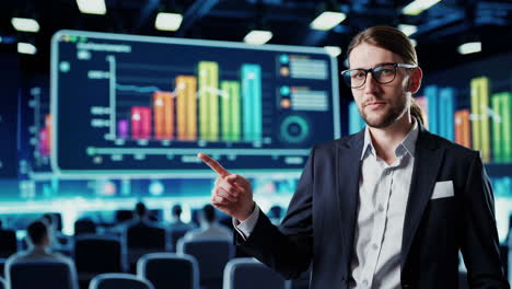 business presentation with a speaker and data visualizations