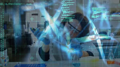 Animation-of-dna-strand-and-scientific-data-processing-over-caucasian-woman-working-in-laboratory