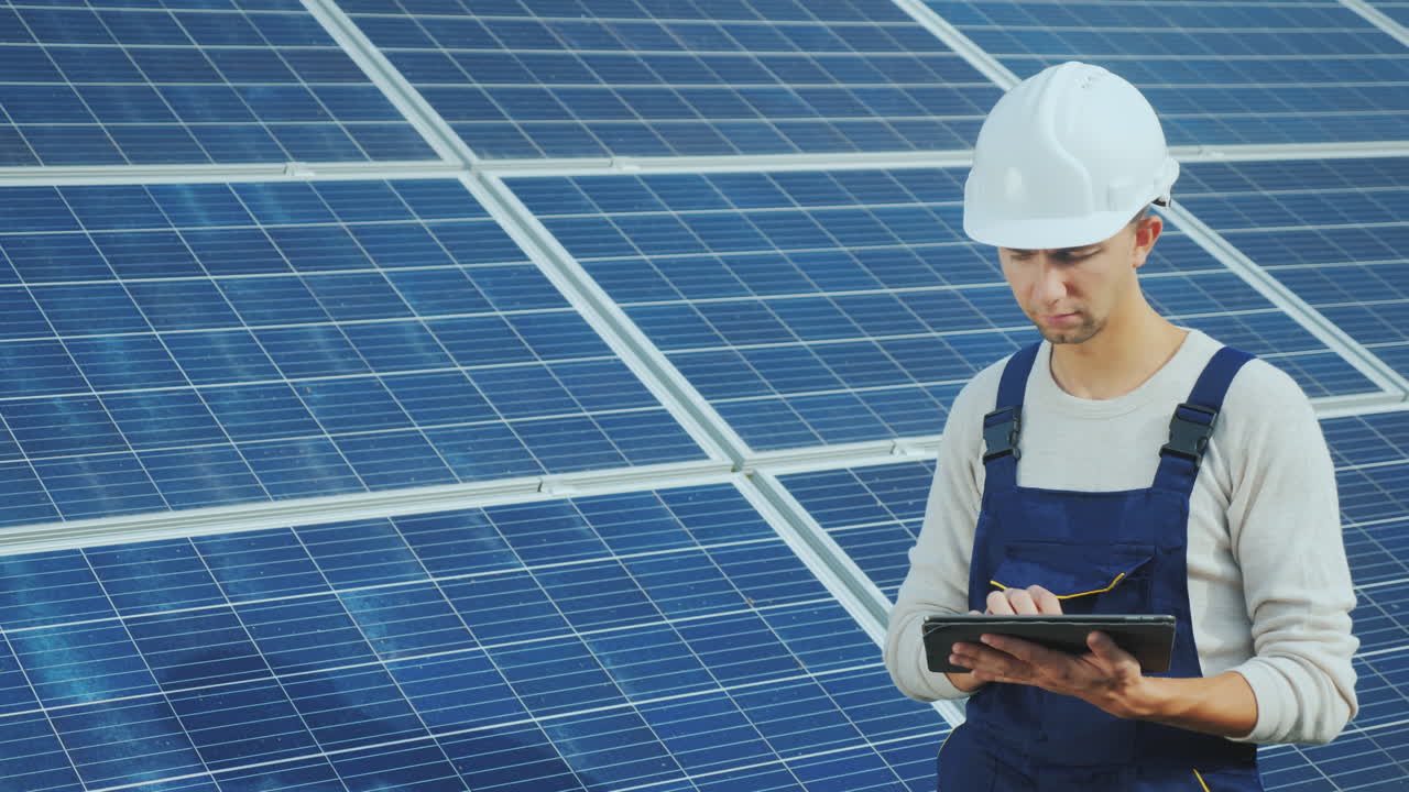 joven ingeniero con casco blanco trabaja con una tableta en el fondo de paneles solares