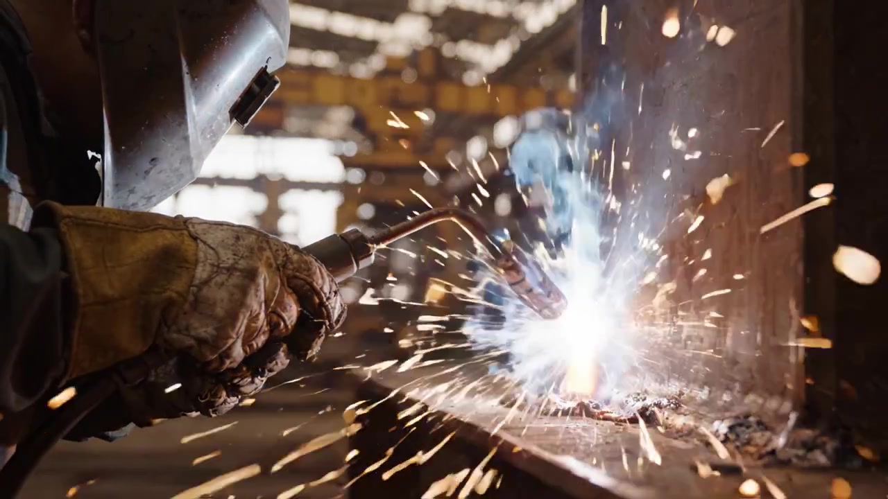 Intense Metal Welding Process with Bright Sparks and Expert Craftsmanship in a Dimly Lit Industrial Workshop Environment, Showcasing Skilled Metal Fabrication Techniques