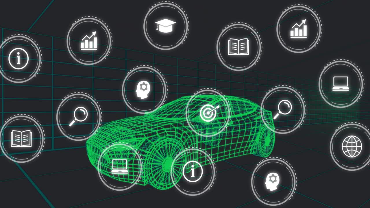 HUD icons popping from edges and moving inward orbiting pulsing aligning to car zones showing links