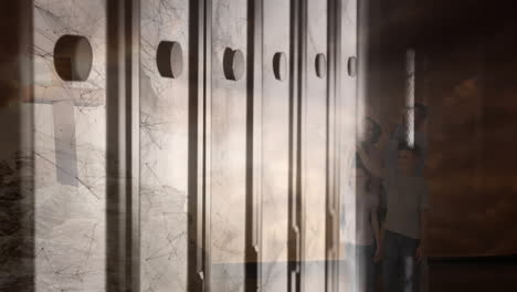 animation of abstract geometric patterns overlaying group of people standing together