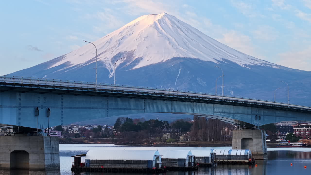 Aerial drone view of the Kawaguchiko-Ohashi bridge near the Fujikawaguchiko town in Japan with Mount Fuji on the background