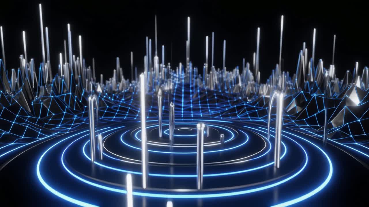 Dynamic Abstract Technology Background with Pulsating Grid and Pillars
