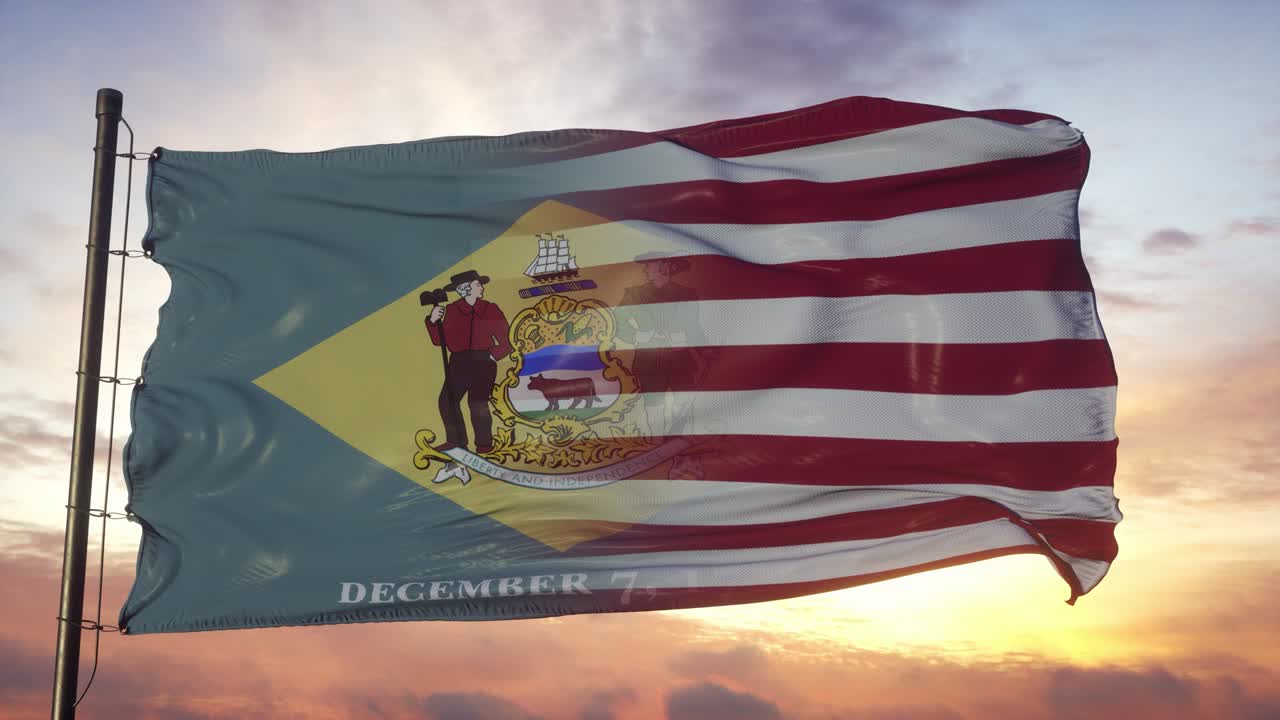 델라웨어와 미국 발은 발 기둥에 있습니다. 미국과 델라워의 혼합 발이 바람에 흔들리고 있습니다.