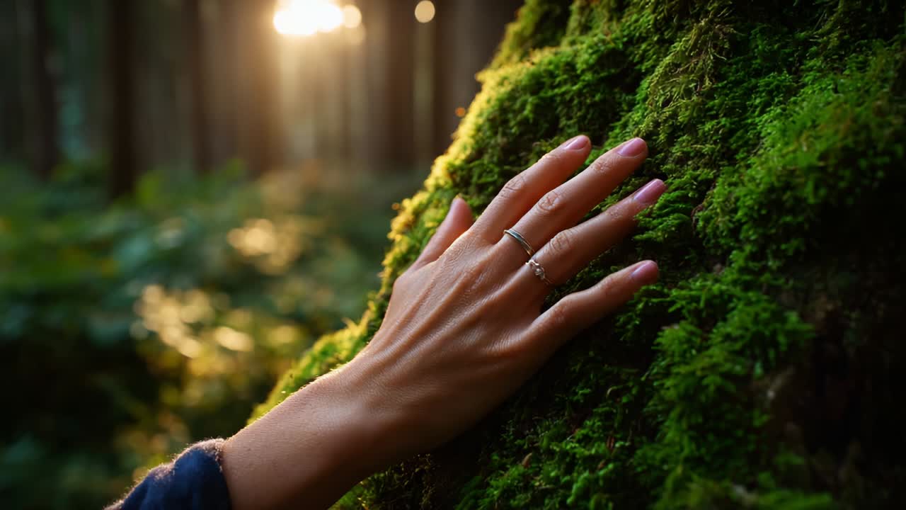 A Serene Encounter with Nature: Close-Up of a Hand Gently Touching Moss-Covered Tree Bark in a Lush Forest During Golden Hour, Bathed in Warm Sunlight and Surrounded by Verdant Foliage