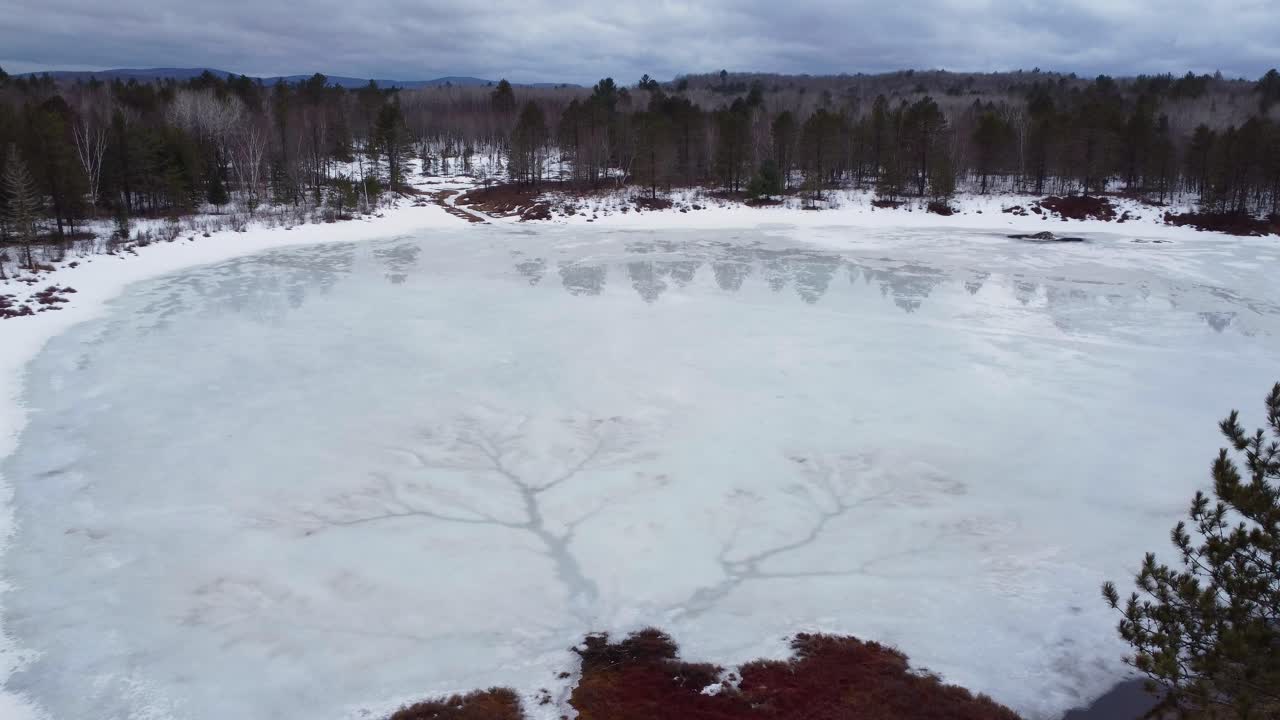 Frozen lake in woodland of Canada, aerial view