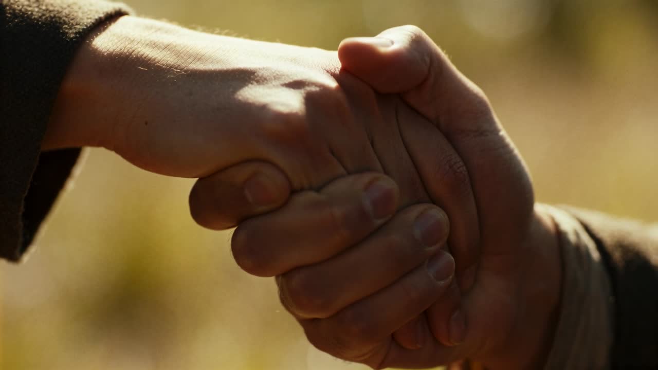 Reaching two adult hands forming steady grasp in meadow, dark and light sleeves securing support
