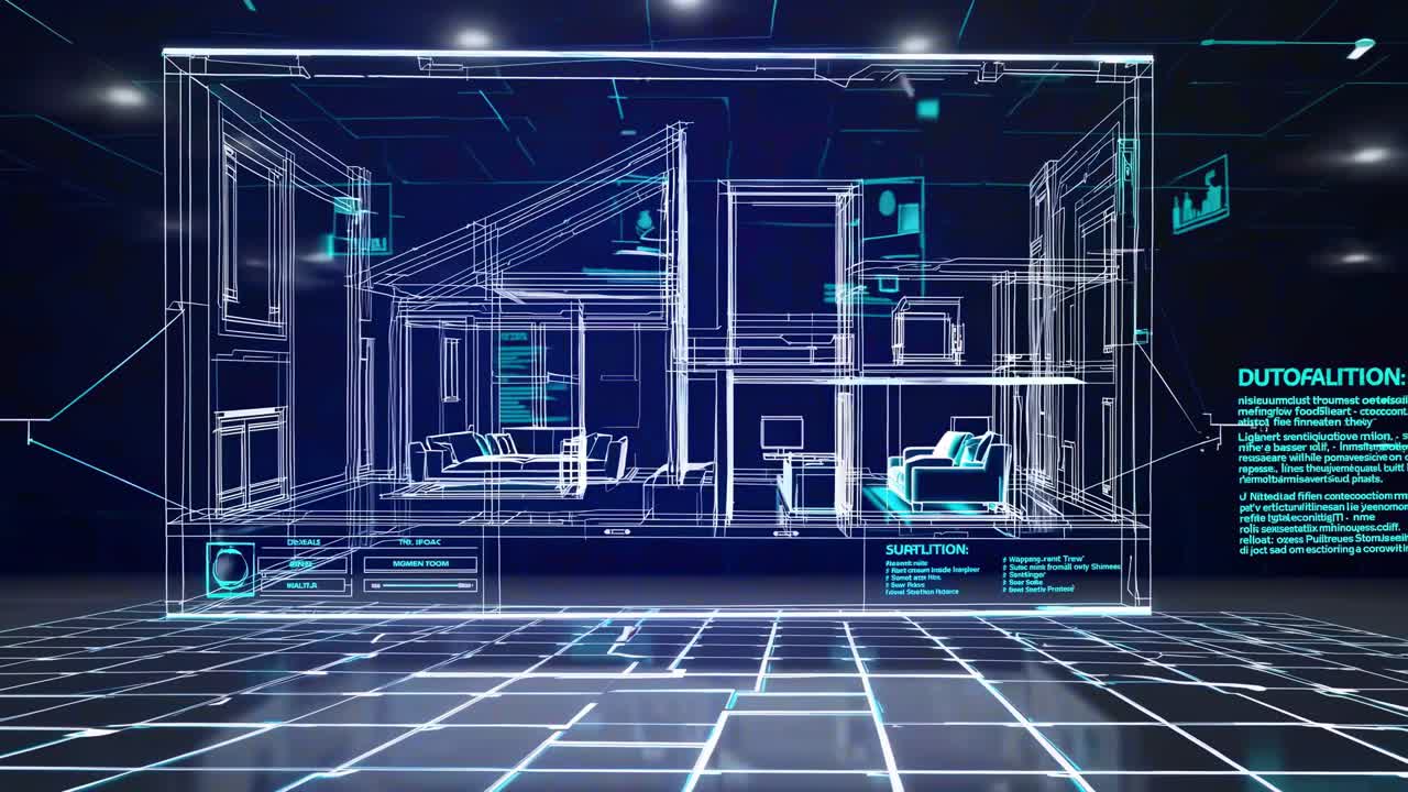 Conceito de vídeo futurista com um cubo digital em wireframe em um espaço virtual.