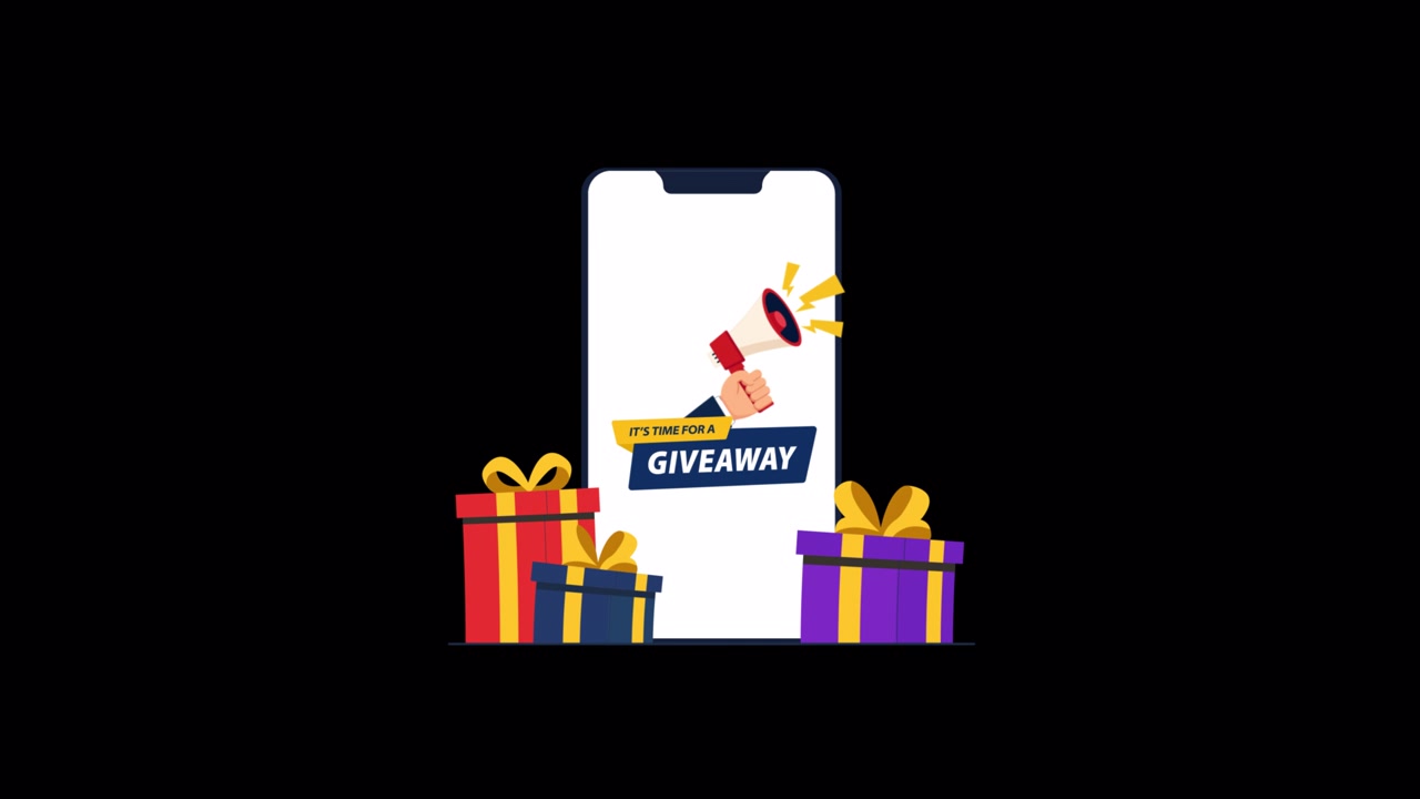 Smartphone animato che mostra un annuncio di giveaway con scatole regalo