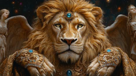 golden lion with angel wings in cosmic space