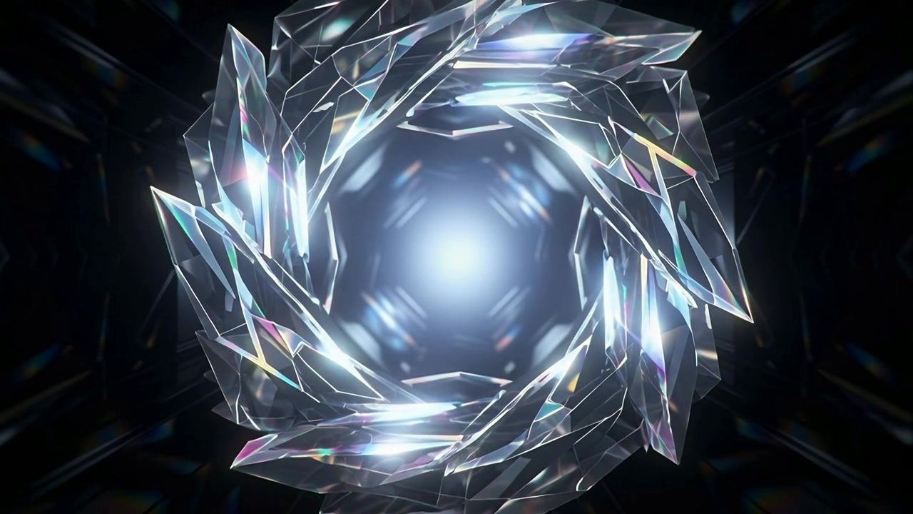 Rotating crystalline ring responding to lighting pulse and closing in glass chamber