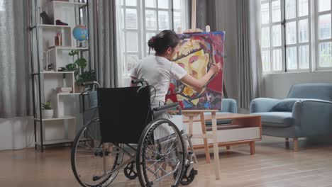 vista trasera de una artista asiática en silla de ruedas sosteniendo un pincel de colores mixtos y pintando a una chica en el lienzo