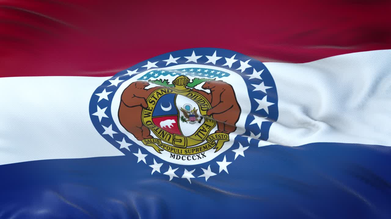 Missouri (U.S. state) flag waving in the wind with highly detailed fabric texture. Seamless loop
