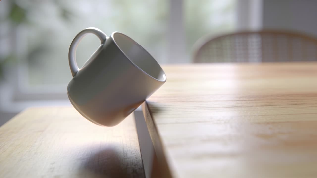 白い陶器のマグカップが、縁がテーブルの継ぎ目に引っかかりながら、木製のテーブルの上で回転し滑り、直立して落ち着く。
