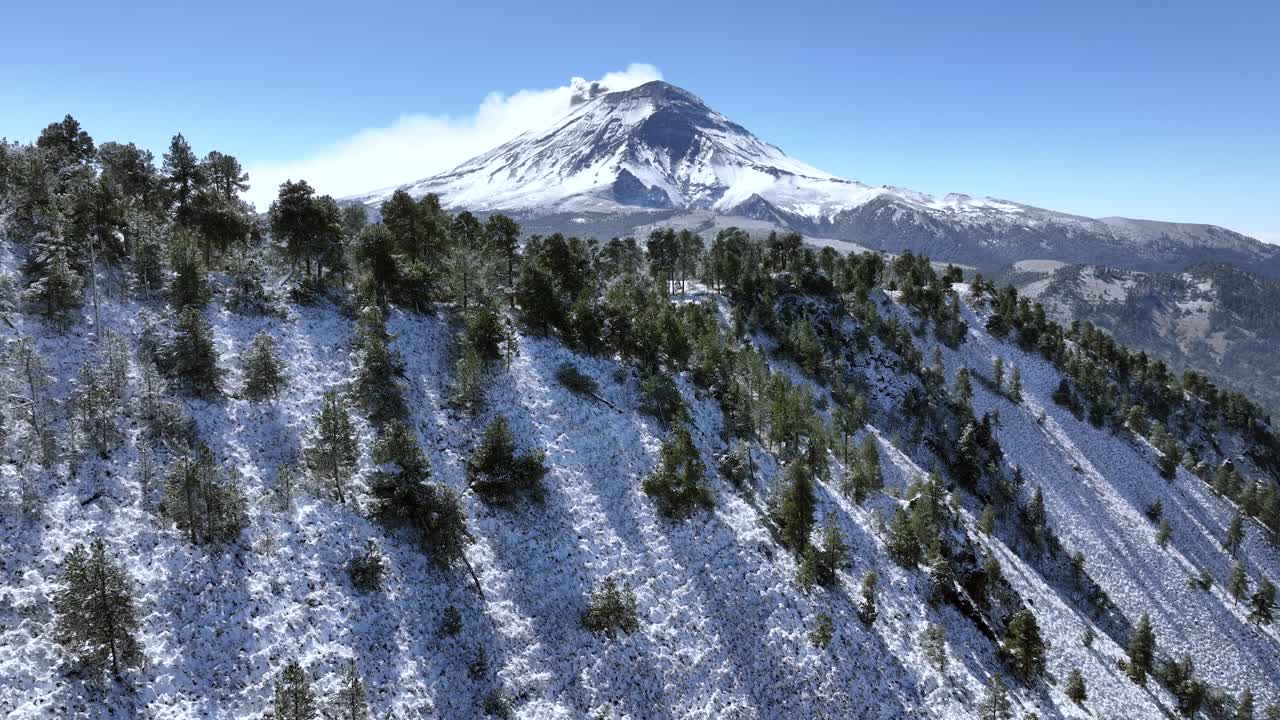 Drone panoramic footage of the mountains in the center of Mexico covered with snow, the Popocatepetl volcano is visible in the background