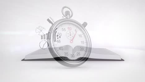 animation of business icons over book and stopwatch