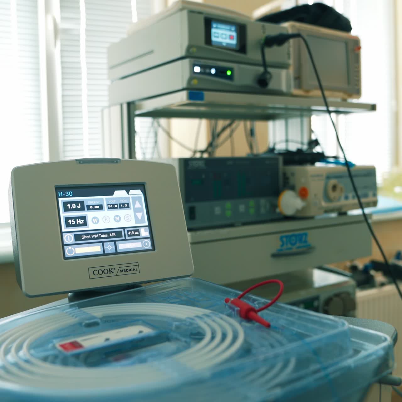 Switched on working equipment in modern surgery room. Little screen showing some parameters close up