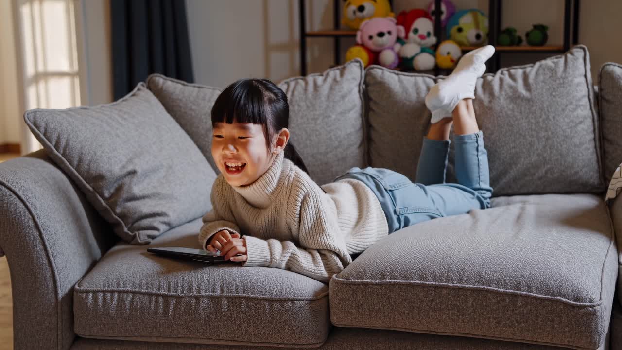 A child lies on a sofa, watching a video on a tablet. The side angle captures a cozy, relaxed