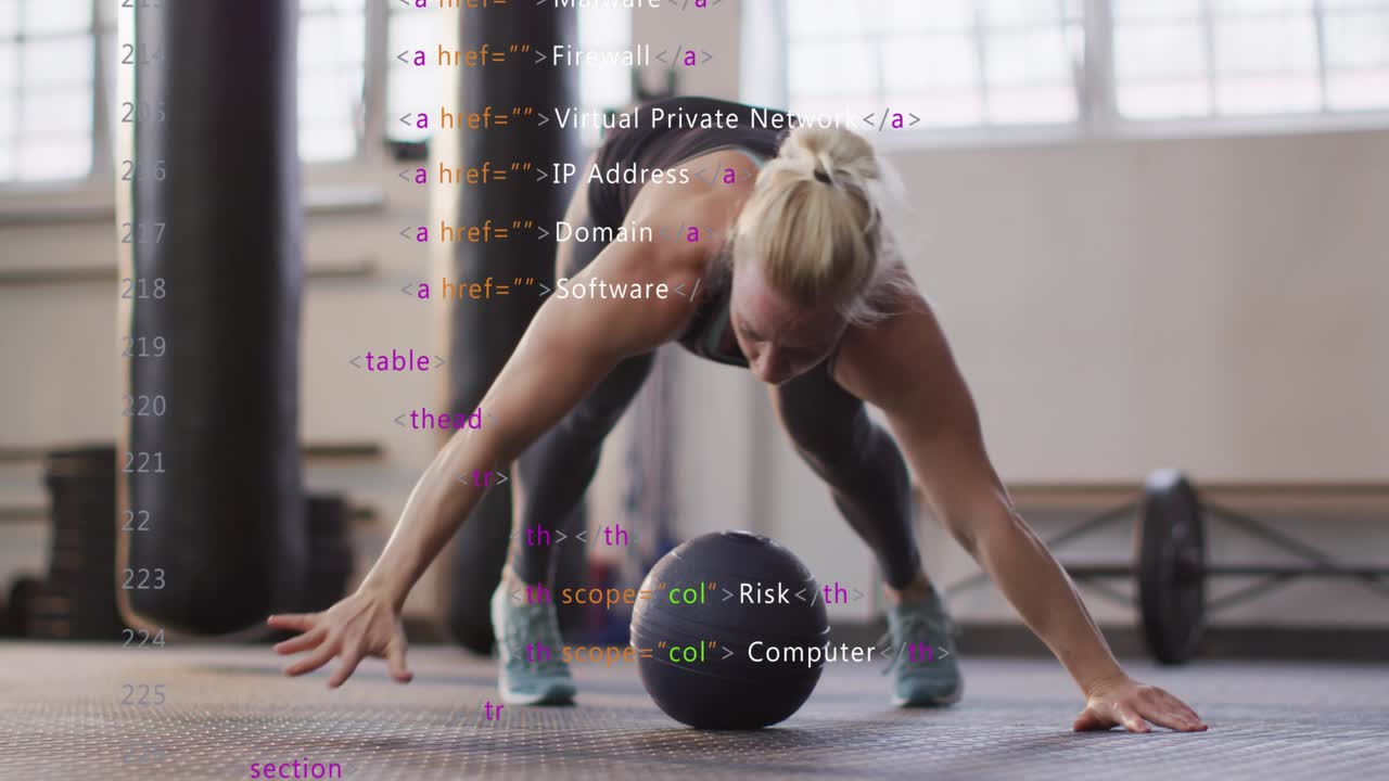Woman starting fitness push-up switching hands on medicine ball, engaging core code overlay growing
