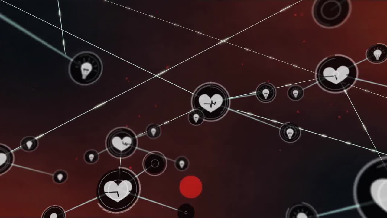 animación de la red de conexiones con iconos digitales de corazón sobre manchas rojas