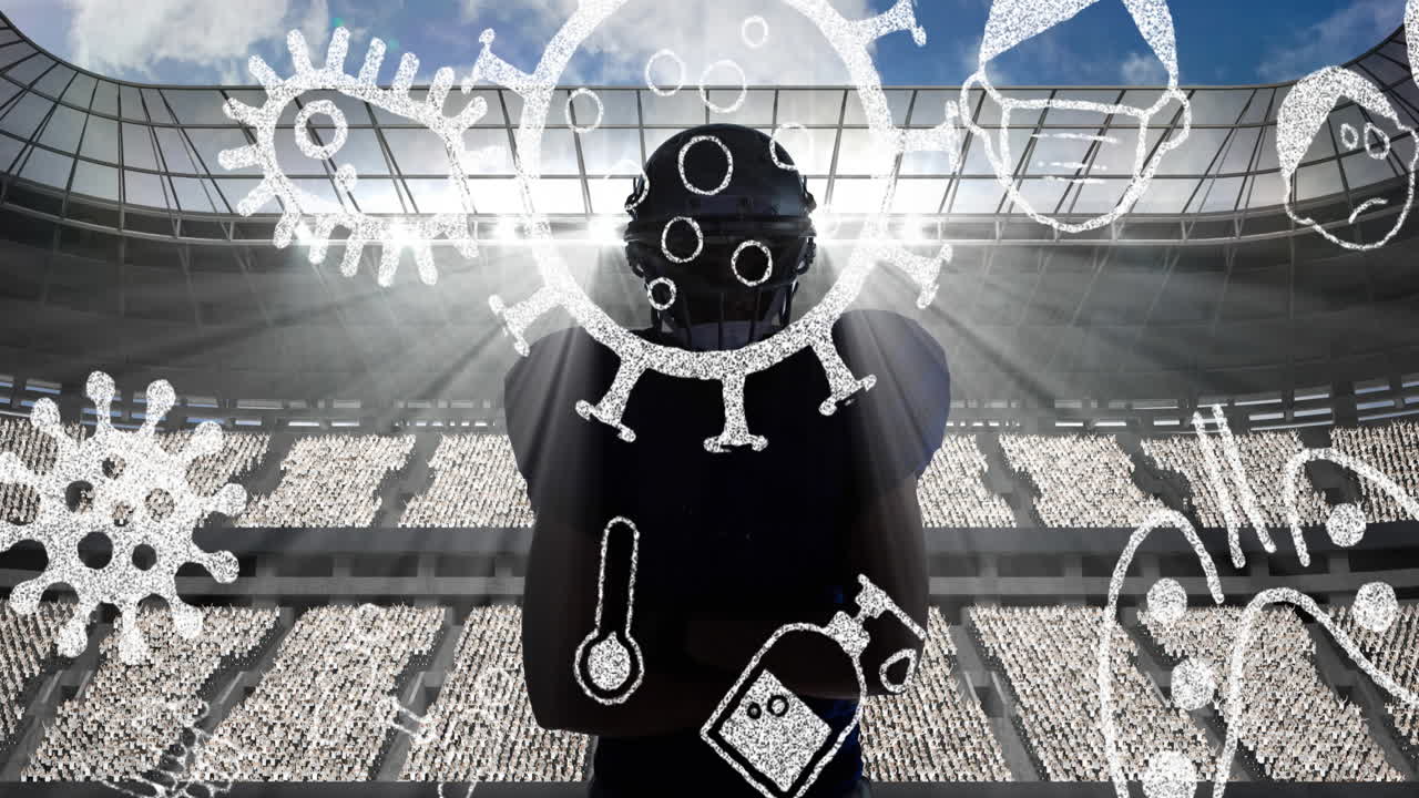 코로나19 콘셉트 아이콘과 남자 럭비 선수의 실루 ⁇ 과 스포츠 경기장