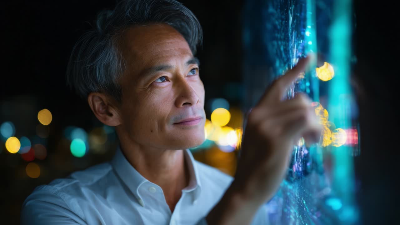 A thoughtful individual engages deeply with a futuristic display, reflecting curiosity and wonder as they explore urban lights and digital information in a vibrant nightscape
