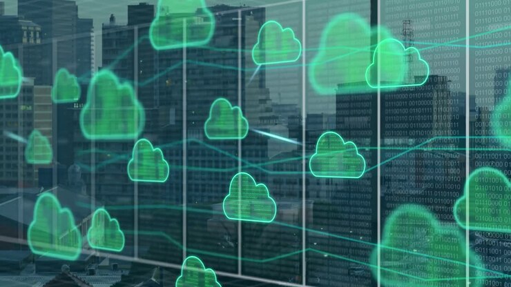 Animation of clouds, data processing over cityscape
