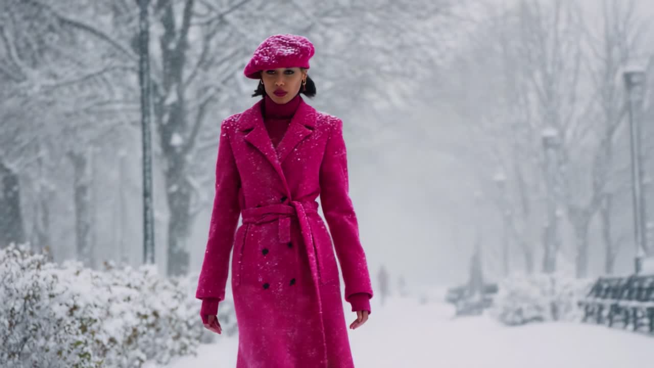 A Fashionable Winter Journey: A Model Dressed in Vibrant Pink Outerwear Surrounded by a Serene Snow-Covered Landscape Captures the Essence of Winter Elegance and Style in a Frozen Wonderland