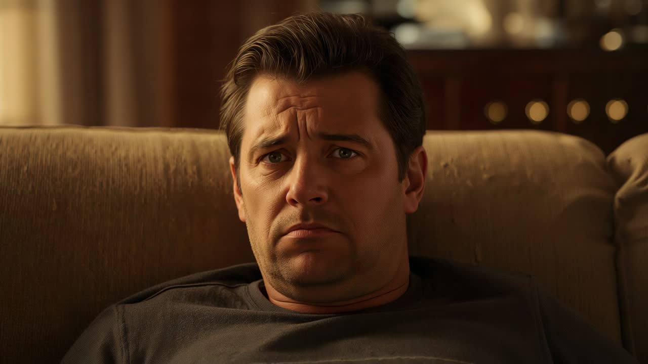 Noticing offscreen cue, man tightening face, closing eyes and refocusing on sofa at home, dark tee