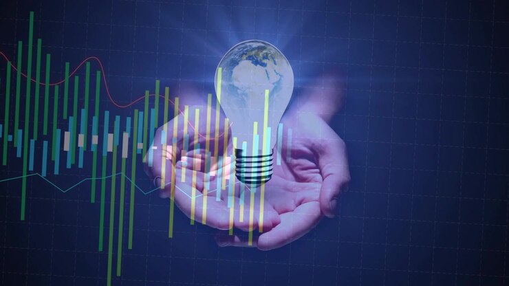 Cupped hands appearing, causing Earth bulb forming above palms while bars rising, visualizing data