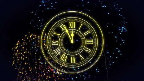 Animation-of-clock-showing-midnight-and-fireworks-exploding-on-black-background