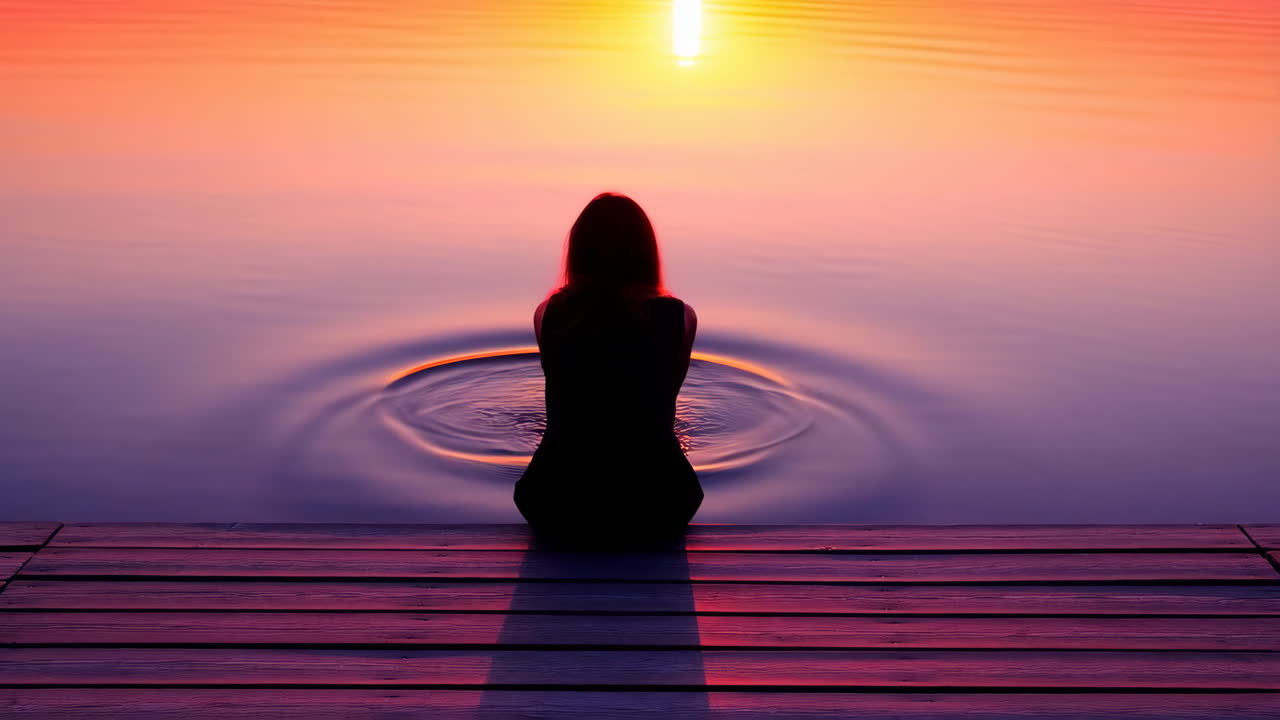 Woman sitting on a dock at sunset