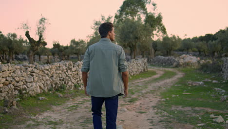 serious man examining garden closeup. guy walking olive plantation vertical