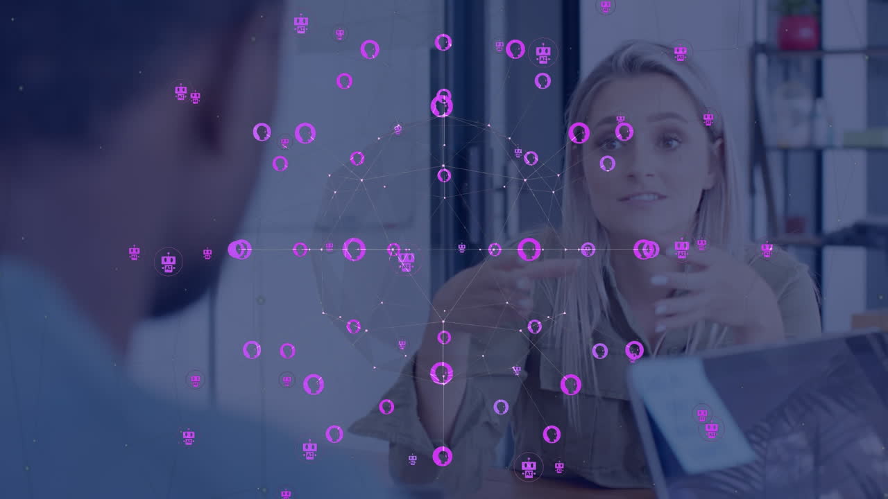 анимация сети связей с ai иконами над различными деловыми людьми в офисе