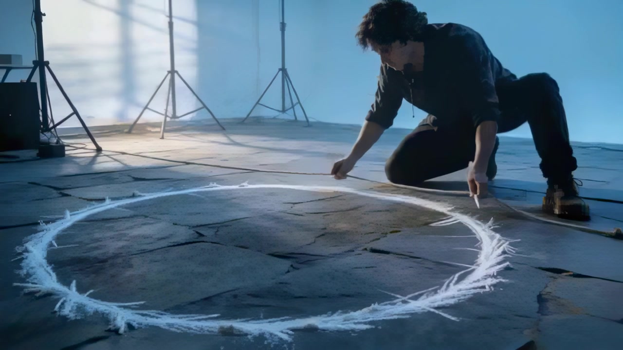 Positioning rod, kneeling man in dark sweater boots drawing chalk circle marking set, copy space